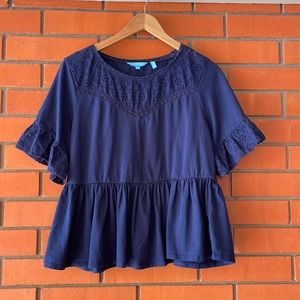 DRAPER JAMES Women's Navy Eyelet Short Sleeve Top Size Large